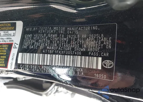 2015 Toyota Camry Xle из США, поврежденный, VIN 4T1BF1FKXFU057406